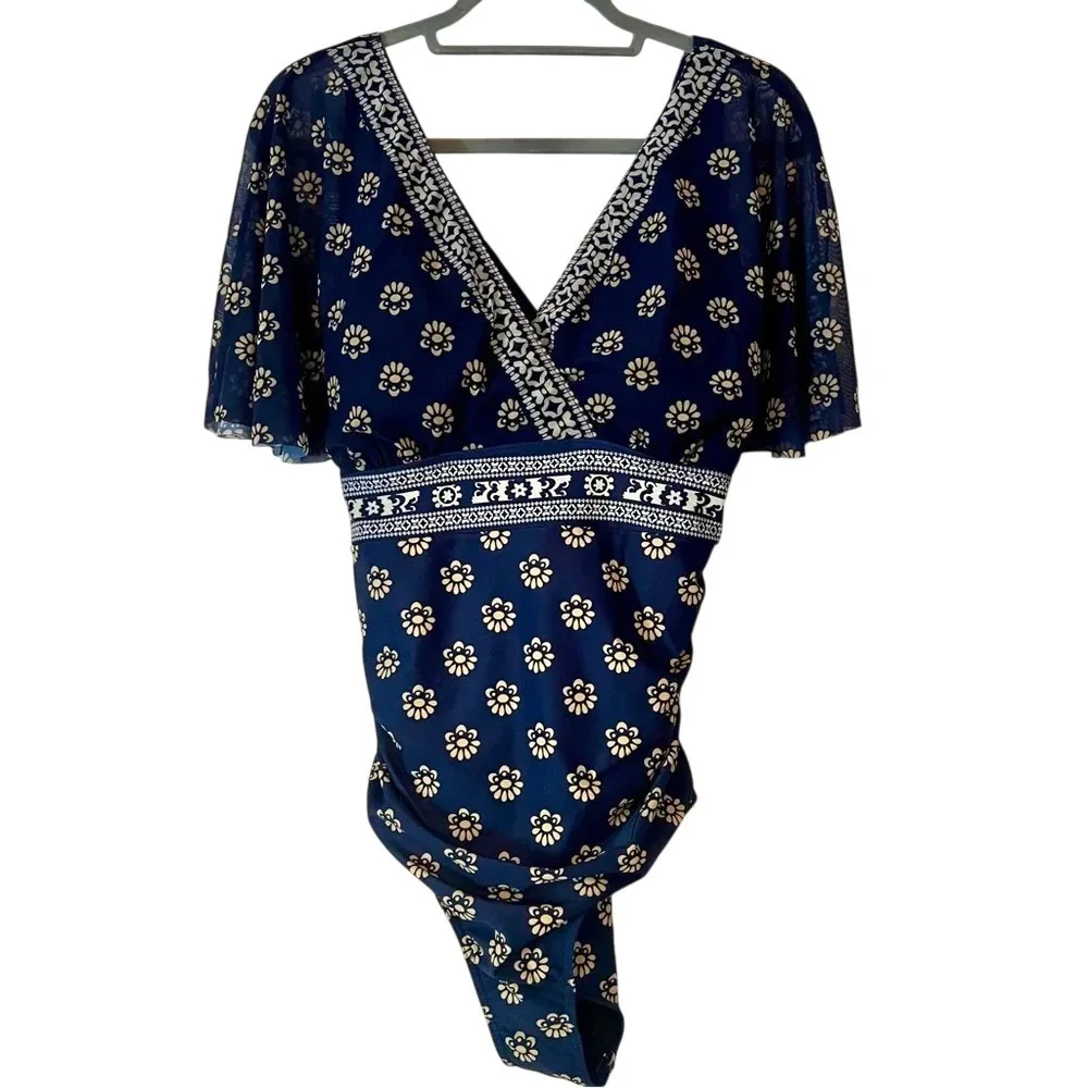 NEW Bloomchic 14-16 / 1X Blue Boho Mesh Ruched Crisscross One Piece Swimsuit